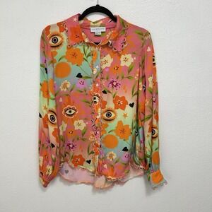 Never Fully Dressed Colorful Eclectic Shirt Blouse Scallop Embroidery UK 10 US 6